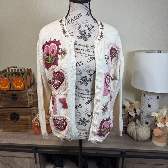 Vintage Heirloom Collectibles Heart Embroidered Knit Cardigan Sz L Cottage Y2k - Picture 1 of 9